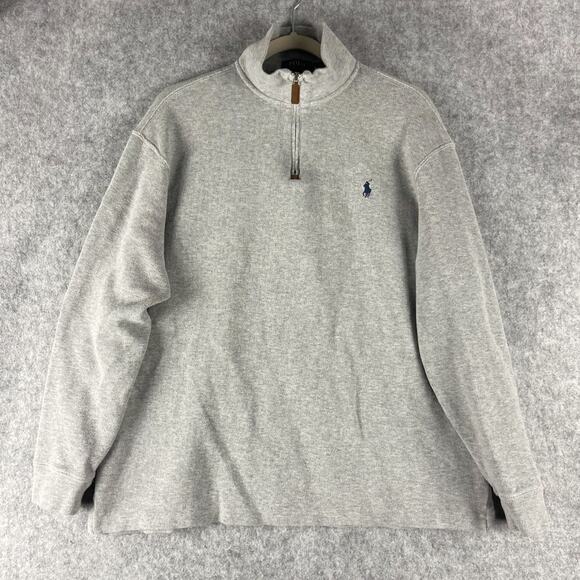 Polo Ralph Lauren Sweater Pullover Men XL Gray Cotton Knit Quarter Zip Preppy - Picture 1 of 13